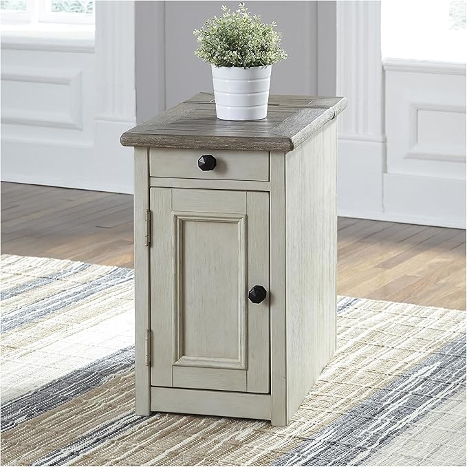 Signature Design by Ashley Bolanburg Farmhouse Chair Side End Table, 2 USB Ports, Pull-out Tray, Wood, 14" W x 24.25" D x 23" H, Antique Cream & Brown