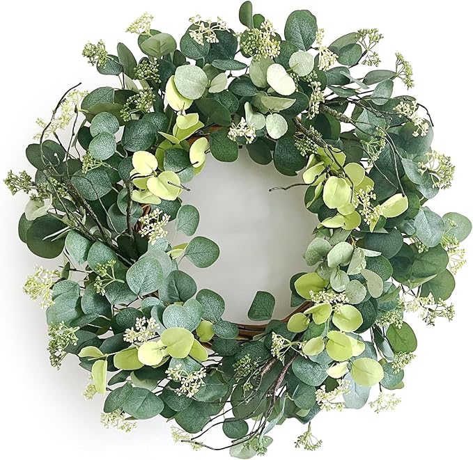24 Inch Spring Wreath for Front Door, Spring Eucalyptus Wreath for Grapevine Farmhouse with Silk Printing Dollar Leaves Wreaths for Festival Celebration Front Door Wall Window Home Décor