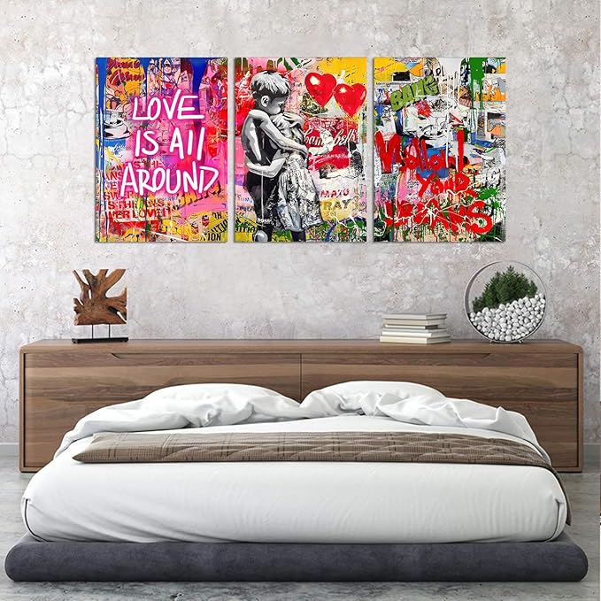 Novatique Colorful Graffiti Canvas Wall Art Street Banksy Wall Art Modern Street Teen Pictures Ready to Hang Banksy Graffiti Posters for Bedroom Living Room, 20”x 28”x 3Pcs