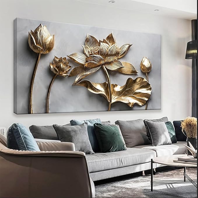 Large Wall Art For Living Room Floral Wall Artwork Modern Canvas Art Wall Decor 29" X 58" Painting Gold Flower Wall Art For Bedroom Hotel Office Apartment Decoration