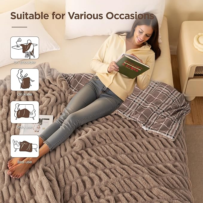 Sophia & William Ruched Faux Fur Throw Blanket Bed Blanket - Luxury Lightweight Plush Fuzzy Cozy Soft Blankets, Brown, 60" x 80"
