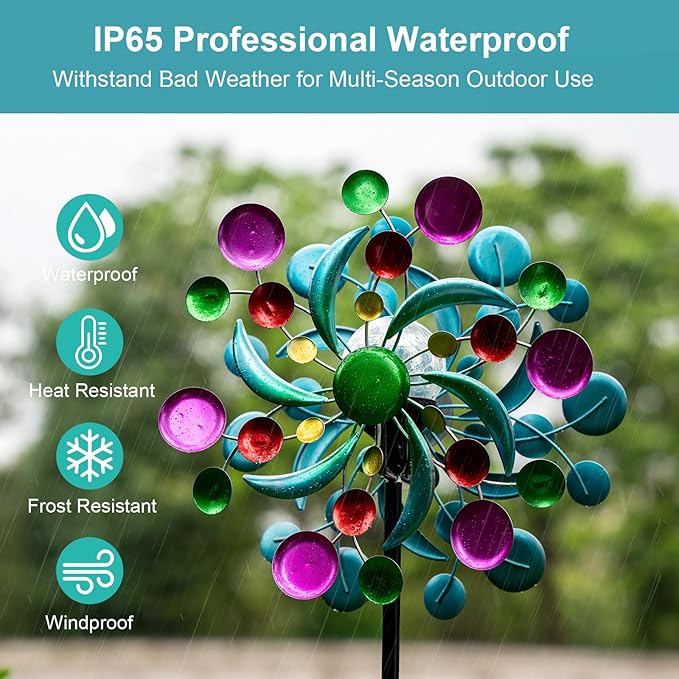 360° Wind Spinners Outdoor with Solar Lights Colorful Dots Garden Decor Yard Lawn Art Decor for Patio Kinetic Windmills 60.63'' H x 13.38'' Dia Unique Gifts for Friends and Family