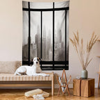 Ambesonne City Tapestry Queen Size, Philadelphia City Rooftop View Through Window Skyline Landmark Rooftop Travel, Wall Hanging Bedspread Bed Cover Wall Decor, 88" X 88", Grey Black