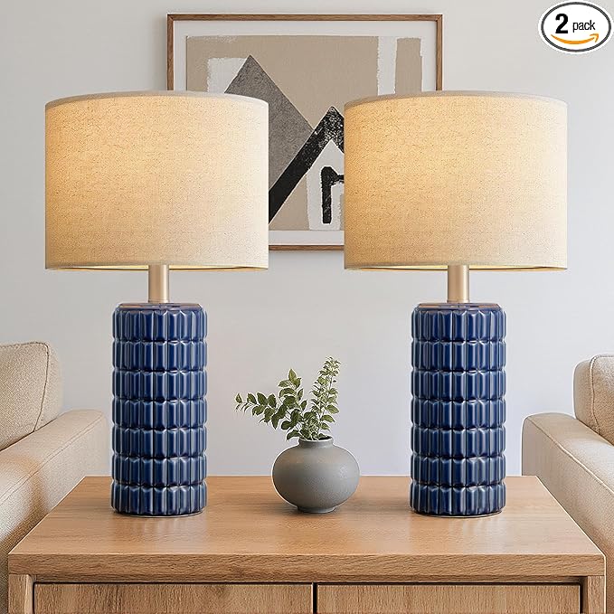 23" Modern Ceramic Table Lamps Set of 2 - Table Lamps for Living room, Farmhouse Bedside Night Stands Lamp for Bedroom, White Boho Nightstand Lamps Set of 2, Desk Lamp for End Table Home Decor(Blue)