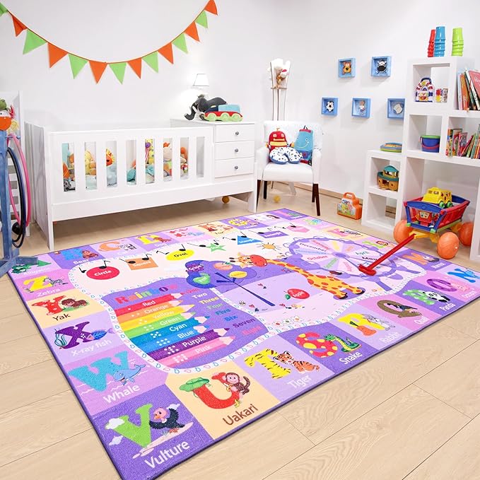 Chicrug Educational Kid Area Rug for Playroom, 6x9 Feet TPR Non Slip Kids Classroom Carpet Rug for Learning ABC Animal, Shape Color Fruit, Washable Play Mat Rug for Children Nursery Toddler Room Decor