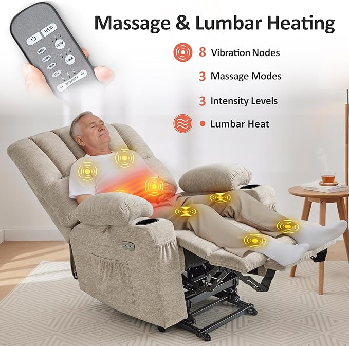 MCombo Large Power Lift Recliner Chair for Elderly, Lift Chair with Heat and Massage, 3 Positions, USB Charge Ports, Cup Holders, Fabric 7099 (Large, Beige)
