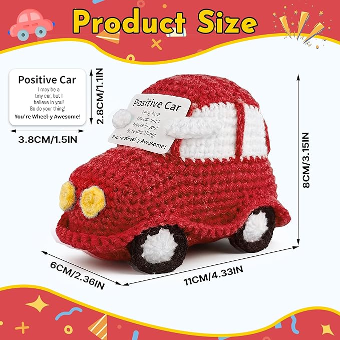 Positive Funny Crochet Car, Emotional Support Mini Handmade Crochet Gift, Inspirational Birthday Gifts for Men Women Friends Boyfriend Dad Coworker, Red