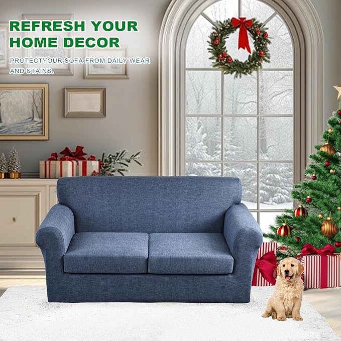 KRFOONN 3 Piece Stretch Sofa Couch Covers for 2 Cushion Couches Printed Loveseat Slipcover with 2 Separate Seat Cushion Covers Washable Sofa Slip Covers Furniture Protector (Loveseat, A1), Medium