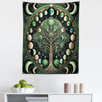 Ambesonne Green Tapestry, Moon Phases Around a Tree of Life Enhance Night Boho Astrology Design Print, Fabric Wall Hanging Decor for Bedroom Living Room Dorm, 23" X 28", Black Ecru and Blue