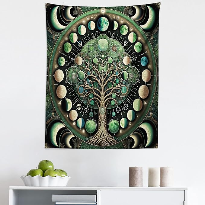 Ambesonne Green Tapestry, Moon Phases Around a Tree of Life Enhance Night Boho Astrology Design Print, Fabric Wall Hanging Decor for Bedroom Living Room Dorm, 23" X 28", Black Ecru and Blue