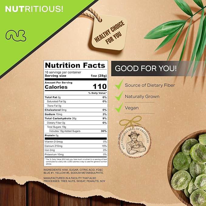 NUT CRAVINGS - Dried Kiwi Slices, Lightly Sweetened (16oz, 1 LB) Tu Bishvat Favorite - Sweet Healthy Snack, Vegan, Kosher, Resealable Bag
