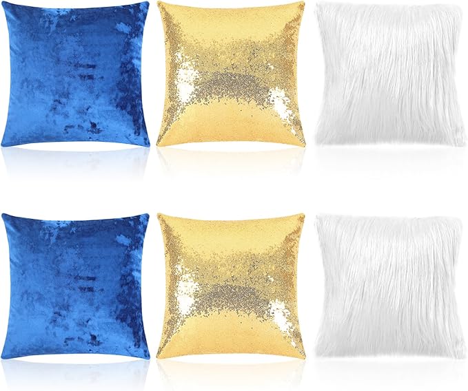 Pack of 6 Decorative Velvet Throw Pillow Covers Solid Square Soft Pillowcase Set Cushion Cases for Sofa Couch Bed Car Christmas Fall Home Decor 18 x 18 inch(Blue White Gold)