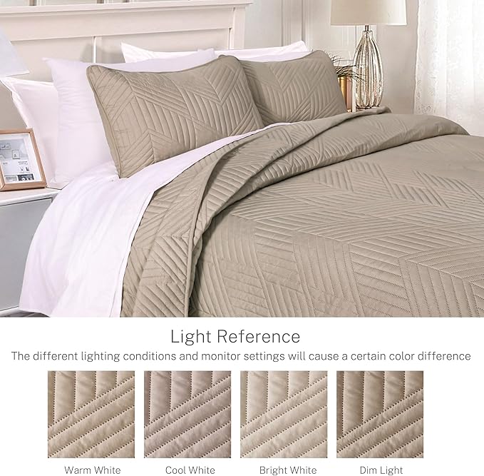 Exclusivo Mezcla Ultrasonic Twin Quilt Bedding Set, Lightweight Taupe Bedspreads Soft Modern Geometric Coverlet Set for All Seasons (1 Quilt and 1 Pillow Sham)