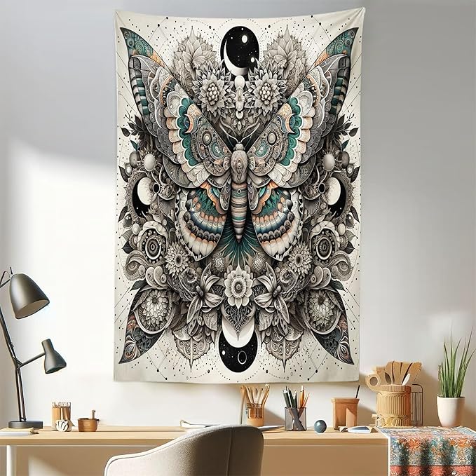 Ambesonne Mandala Tapestry, Medieval Esotery Inspired Oriental Moth with Floral Details Witchcore, Fabric Wall Hanging Decor for Bedroom Living Room Dorm, 30" X 45", Grey Yellow Green Sepia
