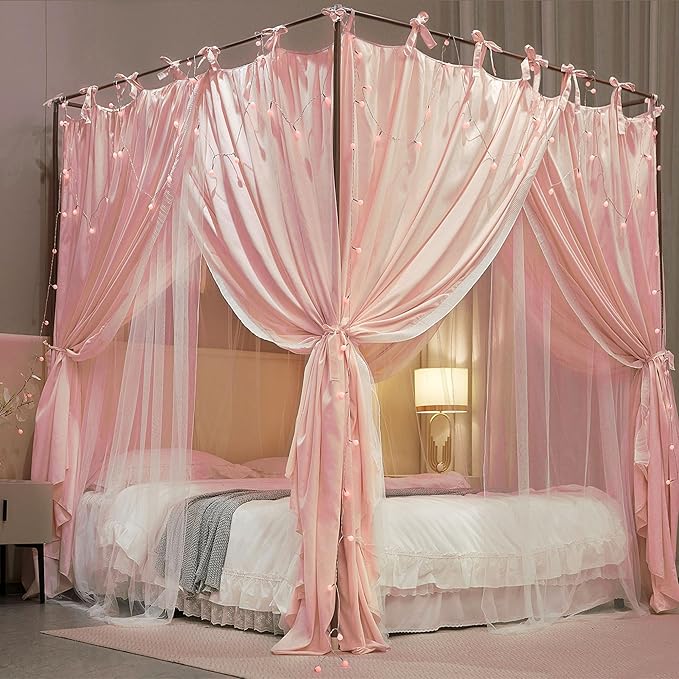 4 Corners Post Princess Curtain Bed Canopy Double Layer Cozy Mosquito Net Mesh and Cloth for Girls Adults Bedroom Decoration (Double-Beigepink/White, 64" W*82" L*82"*H/(Queen))