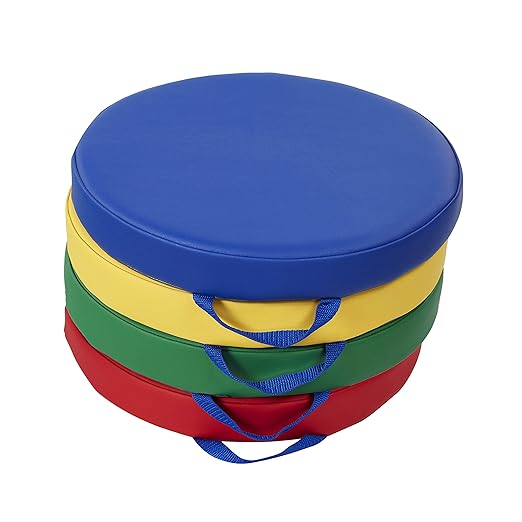Factory Direct Partners SoftScape 15 inch Round Classroom Floor Cushions with Handles; Flexible Seating for Daycare, Preschool, Playroom; 2 inch Thick Deluxe Foam (4-Piece) - Assorted, 12223-AS