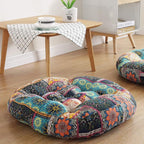 Boho Round Floor Seat Pillows Cushions 22" x 22", Soft Cotton Linen Bohemian Yoga Mandala Meditation Pouf Tatami Floor Pillow Cushion for Living Room Adults & Kids Casual Reading Nooks,Flowers Green