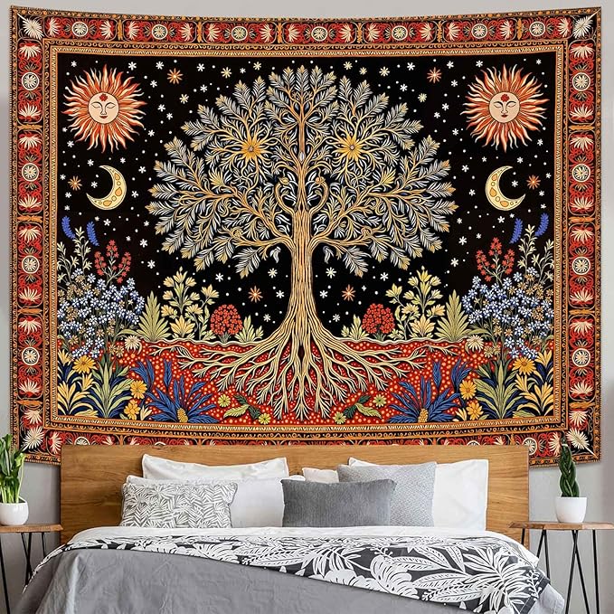 Lunerfex Tree of Life Wall Tapestry - Celestial Sun & Moon Wall Hanging for Bedroom and Living Room Decor - Boho Starry Night Tapestries 80"x60"