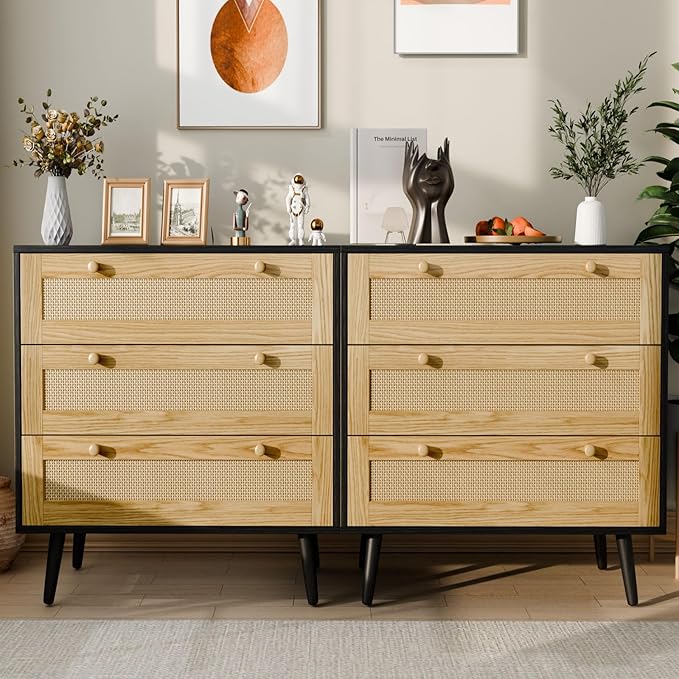 3 Drawer Storage Rattan Dresser, Boho Dresser Chest for Bedroom Hallway Living Room, Black