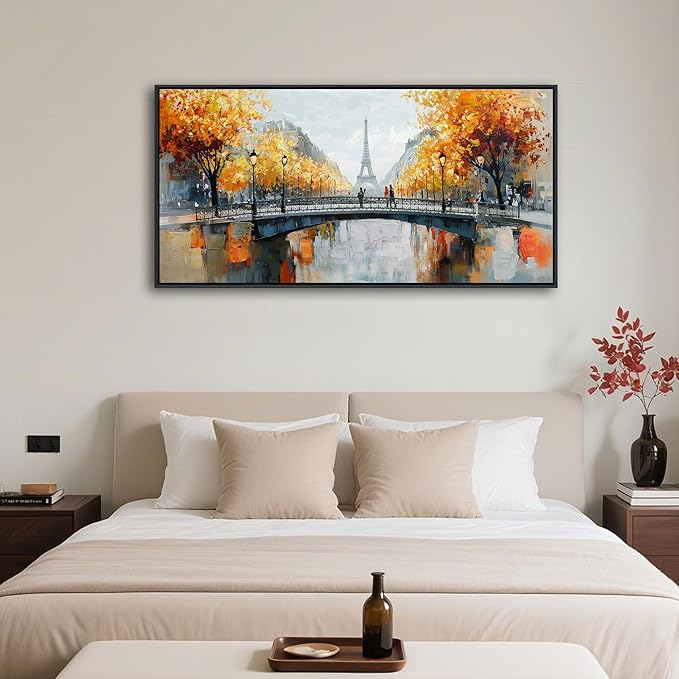 KLAKLA Black and White Canvas Wall Art for Living Room Bedroom Bathroom Orange Paris Theme Room Decor Oil Painting Print Tower Eiffel Painting for Wall Decor 20x40 Inches