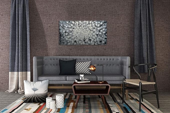 MyArton Textured Abstract Squares Canvas Wall Art Hand Painted Modern Black Silver Oil Painting Picture for Home Decoration Ready to Hang Horizontal or Vertical 40x20inch