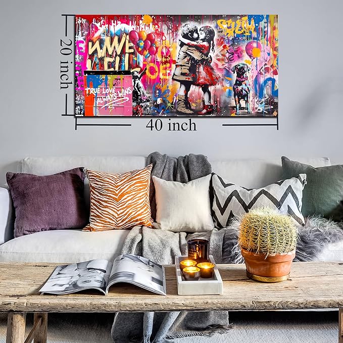 CIRABKY Graffiti Wall Art - Colorful Banksy Wall Art - Boy Kiss Girl Print - 20" x 40"