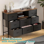 Black Dresser with LED Lights & Power Outlets, Dresser TV Stand with 8 Drawers for 55" TV, Fabric Chest of Drawers for Bedroom, Living Room, Entryway