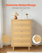 VEVOR 5 Drawer Rattan Dresser, 46" Tall Dresser for Bedroom, Boho Dresser Chest of Drawers with Gold Handles & Wooden Legs, Wood Clothing Storage Closet for Nursery, Living Room, Hallway, Natural Oak