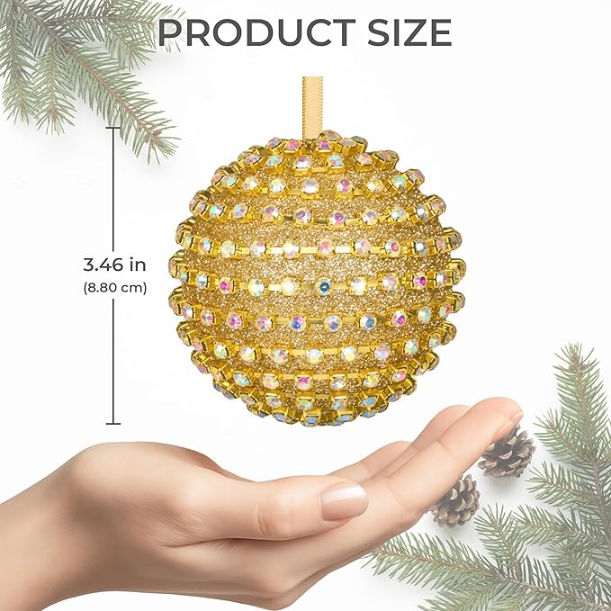 Iridescent Crystal Rhinestone Ball Ornaments, 4 Pack Handcrafted Sparkling Christmas Tree Decorations, Hanging Ornaments for Holiday & Home Décor in Luxury Gift Box