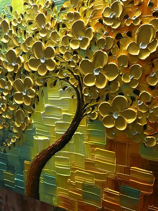 YaSheng Art - 3D Oil Paintings On Canvas Golden Flowers Tree Paintings Abstract Artwork Wall Art For living Room,Dinning Room Home Decor Framed Stretched Ready to Hang 24x24inch