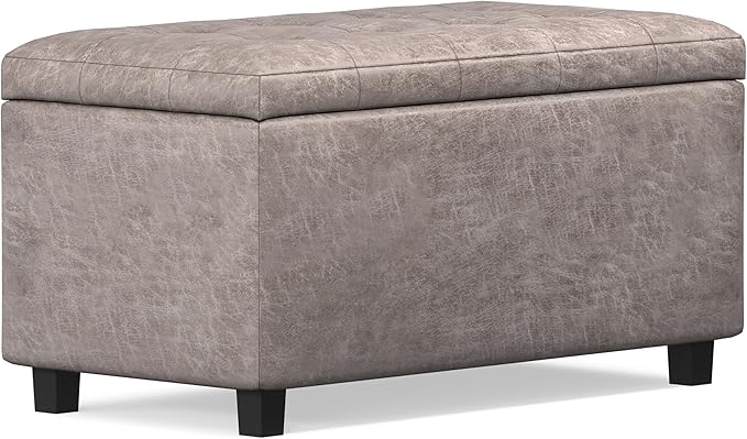 SIMPLIHOME Cosmopolitan Storage Ottoman - 34 inch Wide Upholstered Vegan Leather Rectangle Storage Ottoman Bench in Distressed Grey Taupe, Transitional Tufted Ottoman for Living Room with Lift-Up Lid