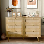 6 Drawer Storage Rattan Dresser, Boho Dresser Chest for Bedroom Hallway Living Room, Oak
