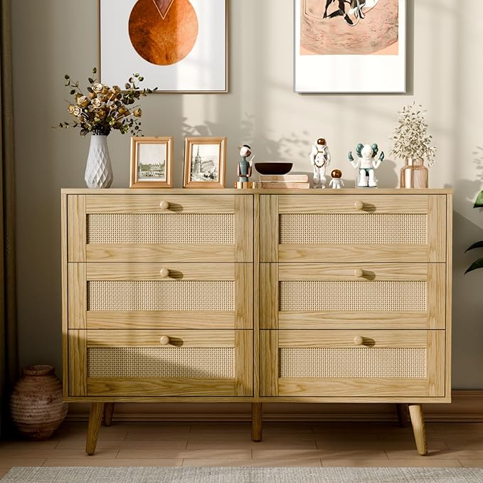 6 Drawer Storage Rattan Dresser, Boho Dresser Chest for Bedroom Hallway Living Room, Oak