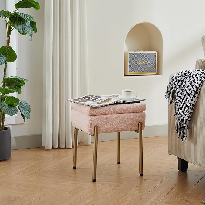 Vanity Stool Chair, Small Ottoman Stool with Storage, Makeup Vanity Chair with Anti-Slip Feet, Footstool Ottoman with Metal Legs, Storage Chairs for Makeup Room, Bedroom, Living Room (Pink)