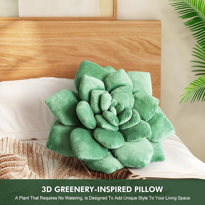 3D Shaped Pillow - 13.8'' Flower Pillow, Plant Cushion for Bedroom, Home Decor - Soft Plush Decorative Throw Pillow, Unique Green Plant-Shaped Design
