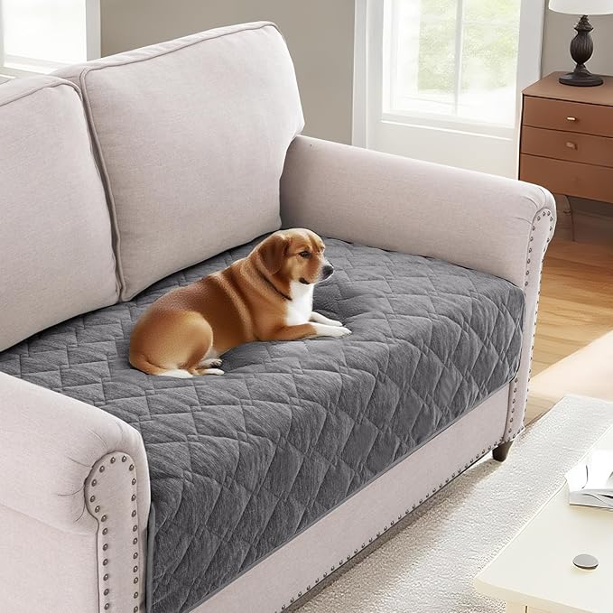 H.VERSAILTEX Couch Cover Chenille Pet Fuzzy Sofa Covers for 2 Cushion Couch Anti Slip Washable Sofa Slipcovers with Strap Soft Couch Protector Cover for Dogs Cats Kids(36" x 63", Light Grey)
