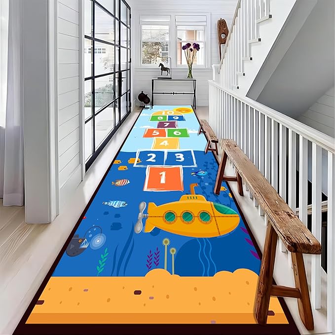 Undersea Tropical Fish Runner Rug for Entryway, 2x7ft, Hopscotch Game Cartoon Print Daycare Carpets, Non Slip Machine Washable Fade Resistant High Traffic Kids Play Rug for Living Room
