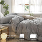 MooMee Striped Duvet Cover Set 100% Washed Cotton Linen Like Textured Breathable Durable Soft Comfy (Light Grey White Wide Stripes, Oversized Queen 98"x98")