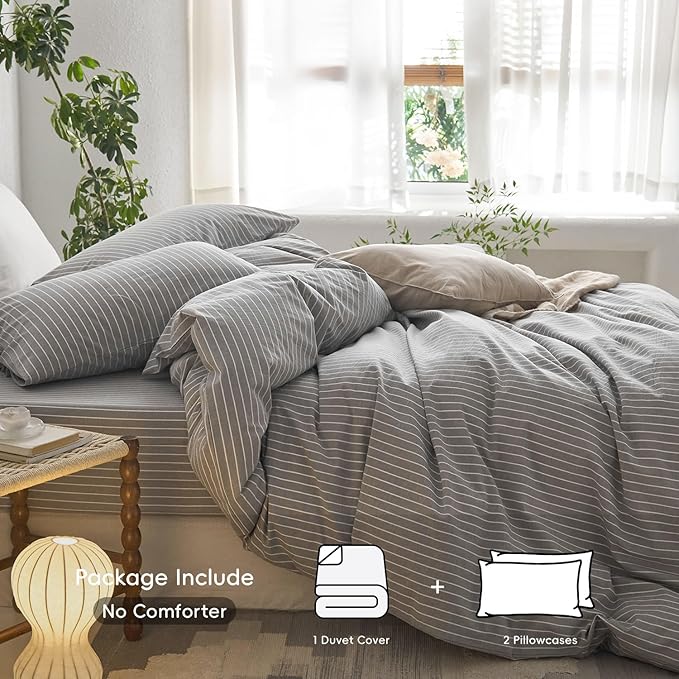 MooMee Striped Duvet Cover Set 100% Washed Cotton Linen Like Textured Breathable Durable Soft Comfy (Light Grey White Wide Stripes, Oversized Queen 98"x98")