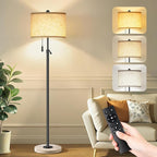 Floor Lamp for Living Room, Floor Lamp with Remote Control, Adjustable Height Modern Standing Lamp with Marble Base & Linen Shade, Dimmable Tall Floor Light for Bedroom, Reading Black
