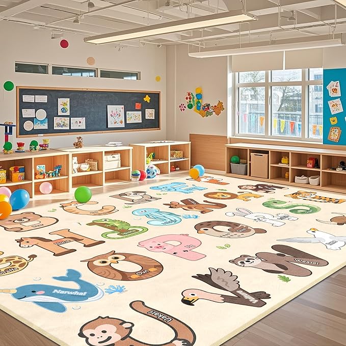 Kids Rugs for Playroom Classroom - 8x10 Feet Large ABC Rugs Kids Preschool Educational Learning Animals, Alphabet Rug for Children Toddler Nursery Kindergarten Decor, Beige