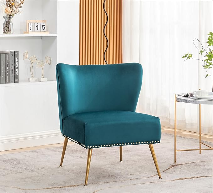 Thia Armless Velvet Accent Chair for Living Room, Elegant Seat with Nailhead Trim, Gold Metal Legs and Comfortable Curved Back, 28" D x 25" W x 29.5" H, Bluish Green