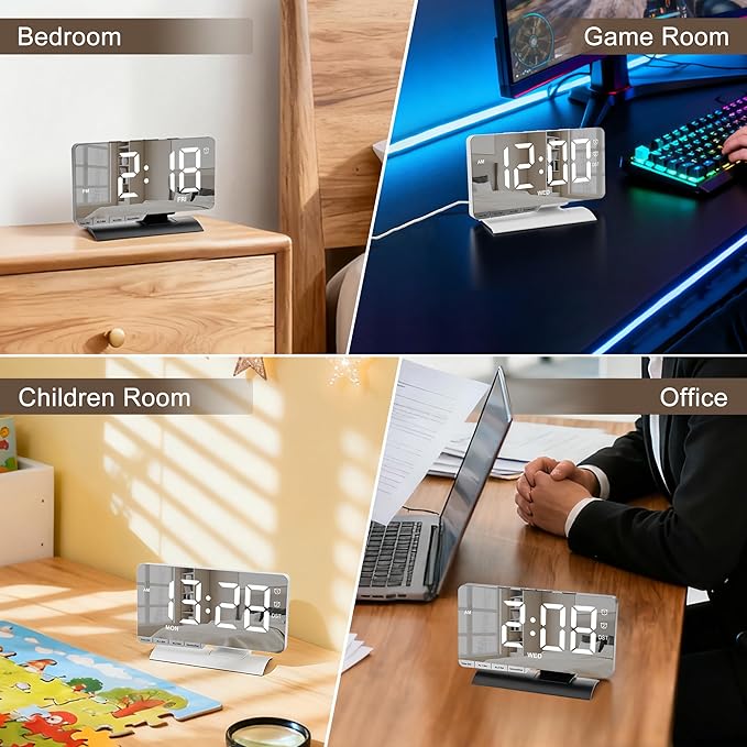 SZELAM Digital Clock,Alarm Clock Bedside,7.3'' Large LED Mirror with Date Display,Dual Alarm with 3 Mode,Brightnee Adjust,DST,Snooze Function,USB C Charging Port,5 Levels Volume for Desk Bedroom Teens