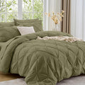 Sasttie Full Size Comforter Set, 7-Piece Bed in a Bag, Pintuck Bedding Sets for All Season, Includes Comforter, Flat Sheet, Fitted Sheet, Pillowcases and Pillowshams, Olive Green