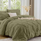 Sasttie Full Size Comforter Set, 7-Piece Bed in a Bag, Pintuck Bedding Sets for All Season, Includes Comforter, Flat Sheet, Fitted Sheet, Pillowcases and Pillowshams, Olive Green
