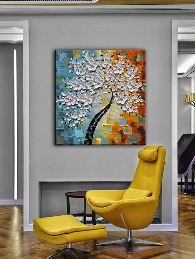 YaSheng Art - hand-painted Oil Painting On Canvas white Flowers Paintings Modern Home Interior Decor Abstract Art picture Ready to hang 24x24inch