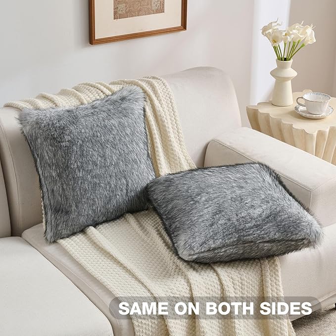FUTEI Grey White Decorative Throw Pillow Covers 18x18 Inch Set of 2,Soft Faux Raccoon Fur Textured Cushion Case,Modern Home Luxurious Decor for Couch Bed Living Room