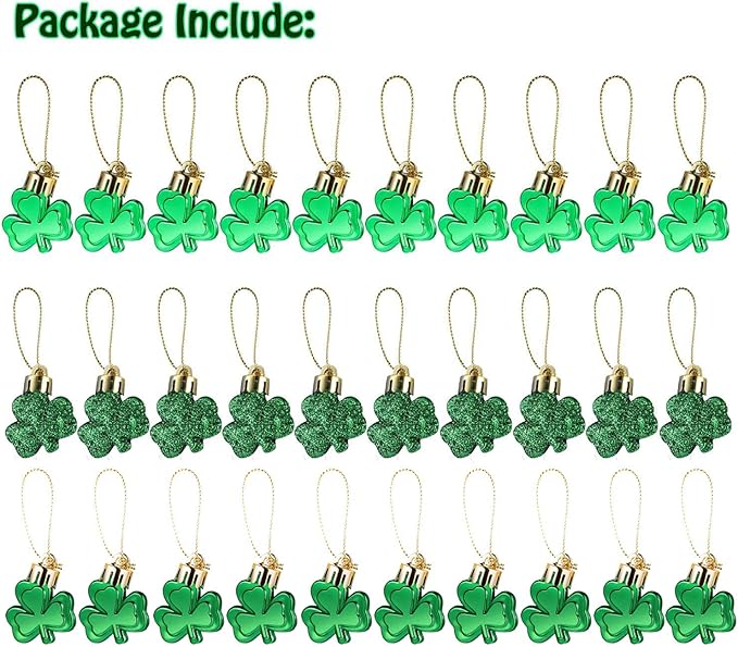 30 PCS St. Patrick's Day Shamrocks Ornament Set, Good Luck Clover Hanging Bauble Trefoil Pendant Decoration for Keyring Tree Shelf Home Decor Irish Festival, 3 Style
