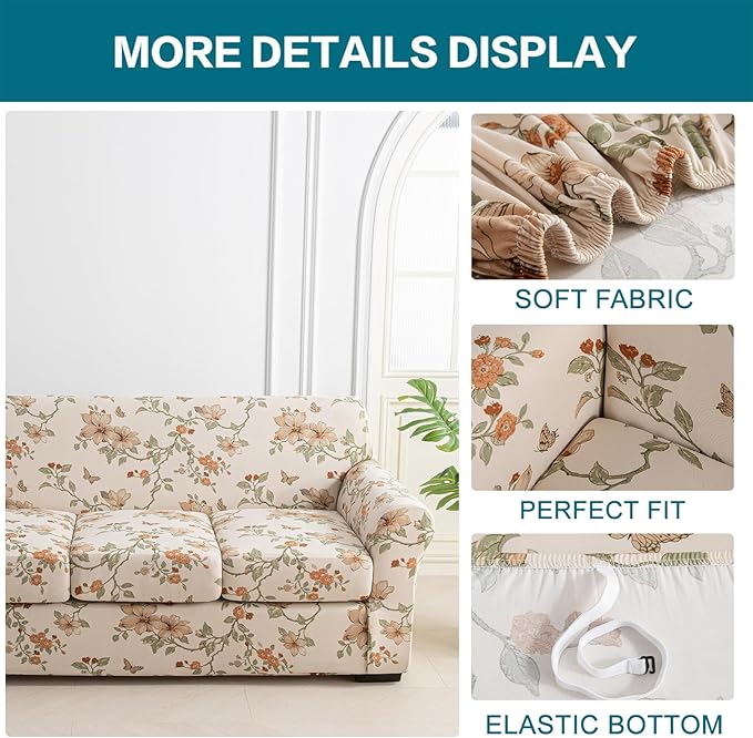 KRFOONN 3 Piece Printed Couch Cover for 2 Cushion Couch Stretch Sofa Loveseat Slipcover with 2 Separate Seat Cushion Covers Furniture Protector with Elastic Bottom for Living Room (Loveseat, 57)