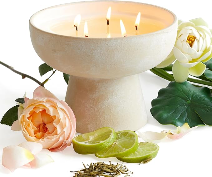 Blueme Balance Candle | White Lotus & Tea | 5 Wick - Refillable Wellness Candle with Essential Oils, Hand Finished & Poured Soy Wax Blend Ceramic Vessel, Natural Cotton Wicks | Large 24 oz